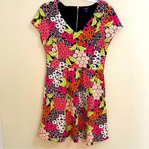 Kaari Blue Vibrant Multicolored V-neck Short Sleeve Fit & Flare Dress Wm Sz M